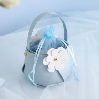 China Gift Drawstring Yarn Bag With Handle PU Leather Sweet Chocolate Favors Hamper Bags For Wedding Guests Favor Packaging for sale