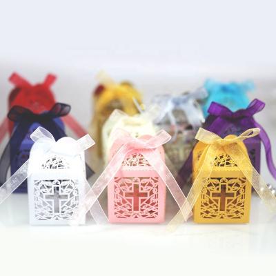 China Recyclable Laser Cut Hollow Cross Sweet Candy Packaging Box For Baby Baptism Gifts Decoration Supplies for sale