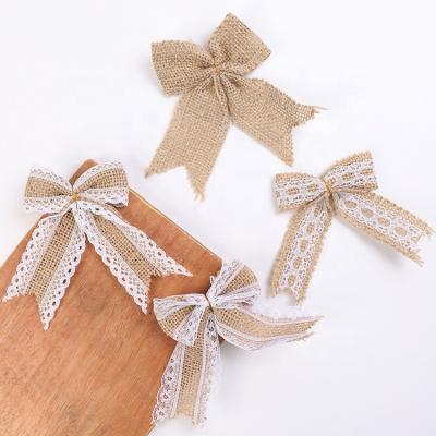 China Natural Retro Retro Burlap Hessian Lace Bow Knot Hangers For Gift Box Decoration Packaging Accessories for sale