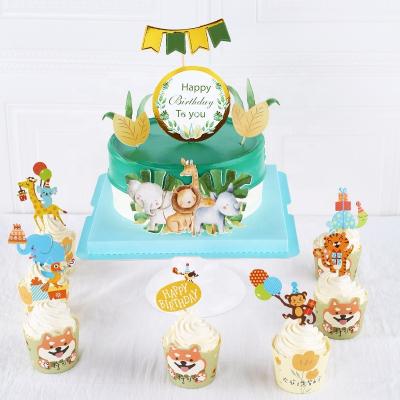 China Cartoon Paper Animals Paper Cake Topper Happy Birthday Cupcake Set for Animal Theme Birthday Party Decoration Cake Toppers for sale