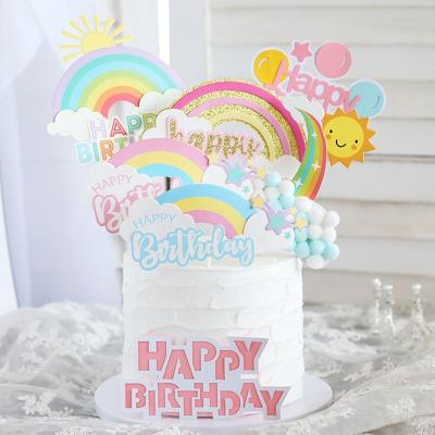 China Disposable Cartoon Sun Rainbow Clouds Cake Topper Paper Cupcake Decoration For Happy Birthday Party for sale