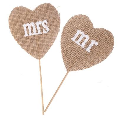 China 2 Piece/Pairs Mr Mrs Love Heart Linen Cake Topper Decoration for Wedding Party Cake Decoration Toppers for sale