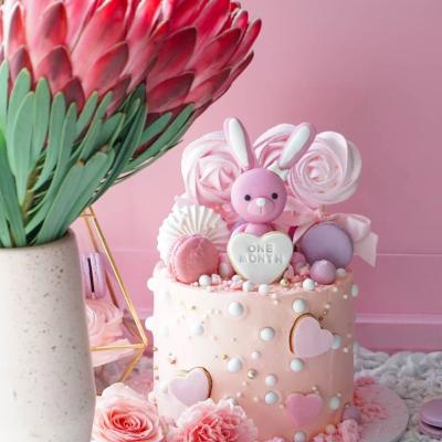 China Cute pink white children's rabbit of the forest theme children's cute animals and plants of the theme pure handmade soft pottery small for children's birthday cake decorate for sale