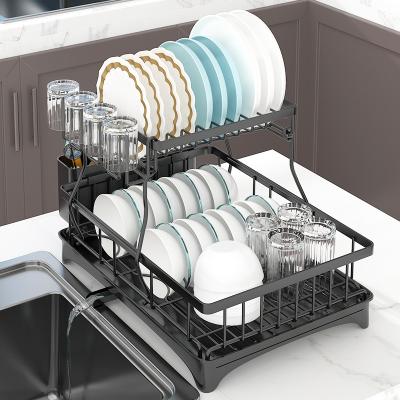 China Sustainable Dish Drying Rack With Water Store 2 Tiers Dish Drainer For Kitchen Counter With Black And White Large Capacity Utensil Rack for sale