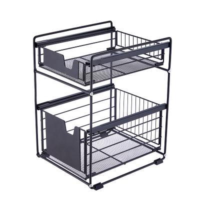 China Bathroom 2 Tier Metal Sliding Cabinet Basket Pull Out Drawer Kitchen Rack Under Sink Organizer Storage Rack Corner Shelf for sale