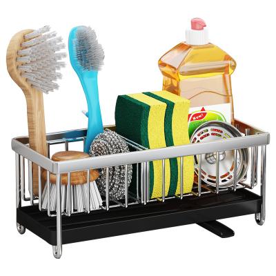 China Stocked 201/304 Stainless Steel Rack Sink Cart Organizer Sponge Brush Soap Rack Holder With Drain Pan For Kitchen Sink for sale