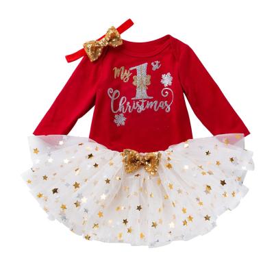 China Breathable Baby My First Christmas Day Romper Jumpsuits Shimmer Dots Tutu Skirt Leg Warmers With Headband 3pcs Set for sale