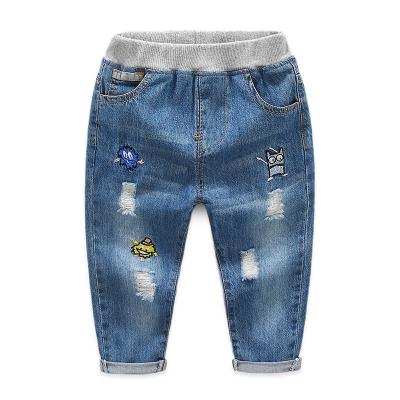 China Casual Baby Boy Girls Denim Pants Ripped Holes Jeans Pants Elastic Waistband for Toddler Boys Girls - Light Blue for sale