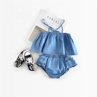 China Breathable Kid Babies Clothes Sets Tops Sling Shirts Denim Shorts Jeans Clothing Set Girl Outfits for sale