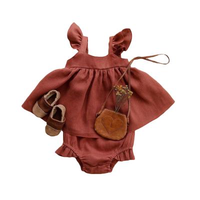 China Beautiful Baby Casual Bohemian Tops and Ruffle Bloomers Cotton Linen Dress Sets for sale