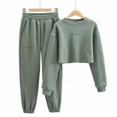 China Anti-wrinkle women cotton fleece fabric latitude and longitude printing long sleeve crop top sweatshirt with white jogger pants two-piece set for sale