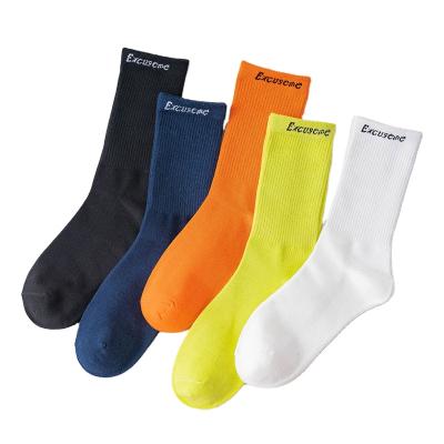 China 2021 new trend men's fluorescent color tube cotton sports QUICK DRY socks high with letters for sale