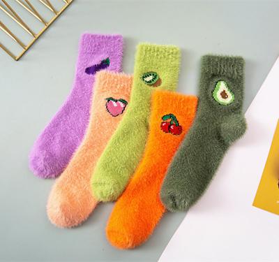 China QUICK DRY Latest Tending Fruit Embroidered Women Home Slippers Slips Coral Fleece Bed Socks For Women for sale