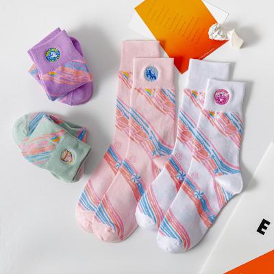 China Spring Summer New Korean Style QUICK DRY College Colorful Striped Cartoon Unicorn Pattern Women Socks for sale