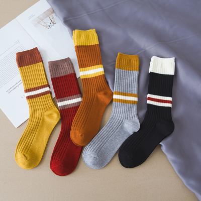 China 2021 autumn new winter fashion three-color stripe wool vintage tube slouch QUICK DRY socks for women for sale