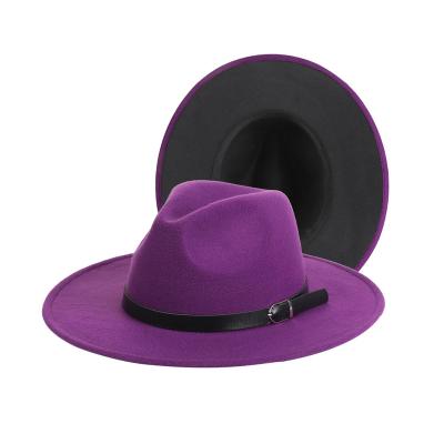 China New Fashionable Two Tone Character Color Stylish Women Men Party Fedora Hat With Faux Leather tie up prim hat with bottom felt wide brim for sale