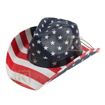 China Wholesale Character Men Straw Hat USA Flag Material Hat With Rope Promotion Fashion Western Custom Us Flag Cowboy Hat for sale