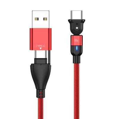 China MP3/MP4 Player OEM 2 In 1 60W 3A Fast Data Cable 1m 2m LED 180 Degree Rotation Dual Connector Type C To Type C PD Charging USB Cable for sale