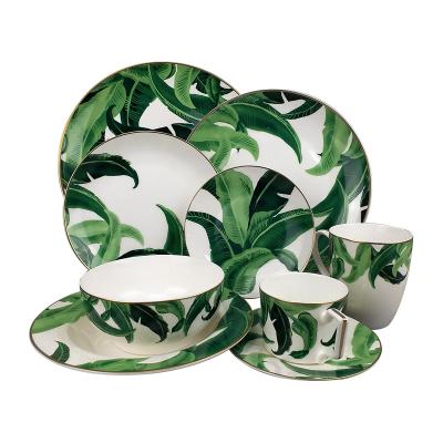 China Sustainable Wholesale High Quality Green Banana Leaf Ceramic Dinnerware Sets For Restaurant Hotel Gifts for sale