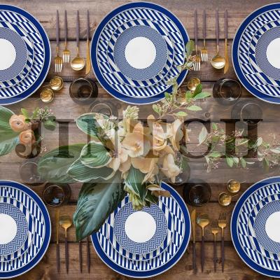 China Wholesale 4pcs bone china dinnerware set homeware viable navy blue ceramic dinner set with silver rim for sale