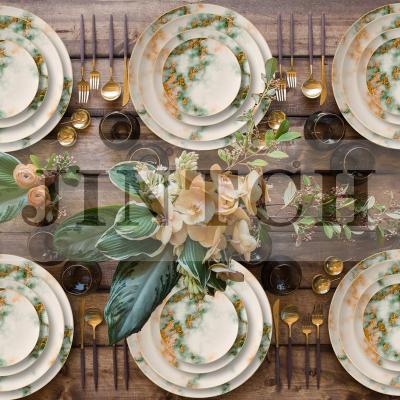 China Wholeslae Sustainable Fine Bone China Hotel Used Marble Under Plates Ceramic Dishes Wedding Dinner Set for sale