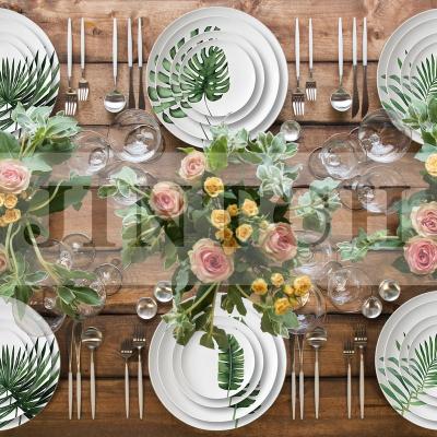 China Viable Wholesale Palm Leaf Side Appetizer Dishes Design Bone China Tableware Dinner Dishes Set Ceramic Green Breakfast Buffet Dishes for sale