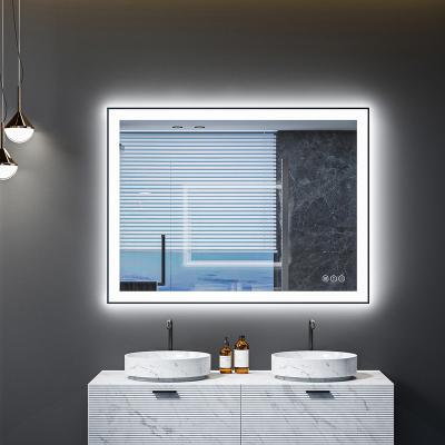 China Black Frame Fancy Mirror Touch Screen Magnifying Smart Bathroom Mirror With LED And Temperature Display for sale