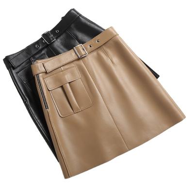 China Genuine Leather Morandi Sheepskin Female Falda Shorts Breathable Women Ropa Coreana Mujer High Waist A Line Black Skirt Mini Gonne Elegant for sale