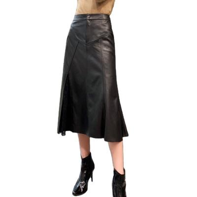 China 100% Breathable Genuine Leather Sukienka For Women Female Sheepskin Lace Up Midi Skirt Mujer Black Wrap Hip Slim Show Fashion Saia Plissada for sale