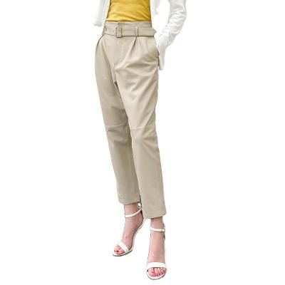 China Waterproof Harajuku Women Black/Beige Genuine Leather Casual Cropped Soft Shows Slim Trousers Female Soft Sheepskin Trousers Mujer for sale