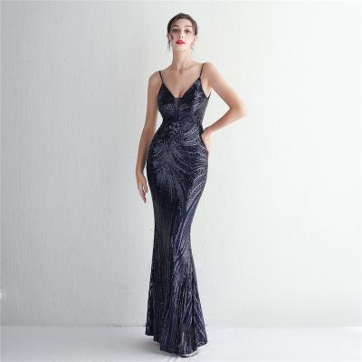 China Anti-Static Strap evening dress Long banquet slim woman's nightclub dress Elegant sequin  robe de soiree for lady prom gown for sale