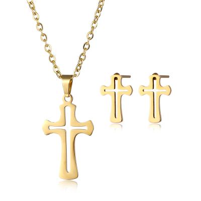 China Hyperbola Cross Necklace 2020 New Women Real Jewelry Set Gold Plated Cross Pendant Necklace And Earring for sale