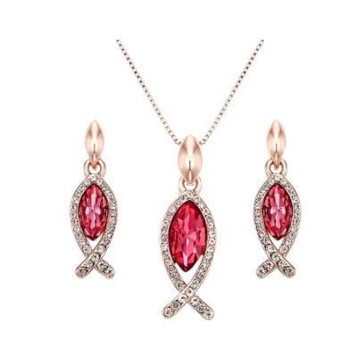 China Ruigang Wholesale Ethnic Crystal Cat Eye Stone Animal Pendant Rose Gold Cute Fish Necklace Earring Jewelry Set for sale