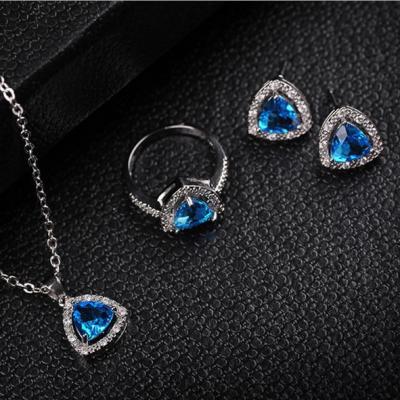 China 5A Brand Shiny Geometric Blue Crystal Rhinestone Bridal Jewelry Set Wedding Necklace Earrings Ring Micro Paved Cz Sapphire for sale