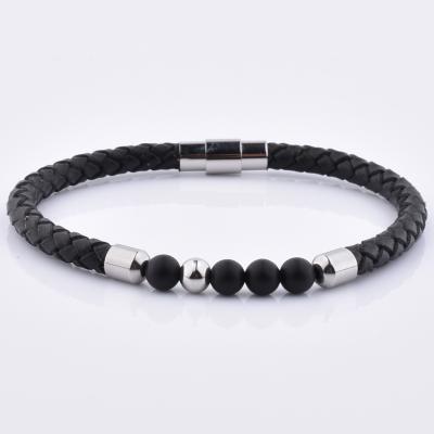 China Ruigang Cute Unique Mens Bracelets Men Silver 6mm Gemstone Bead Leather Punk Bracelet for sale