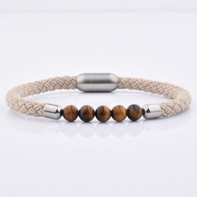 China Custom Cute Ruigang Tiger Eye Seed Bead Stainless Steel Clasp Cotton Rope Beige White Bracelet for sale