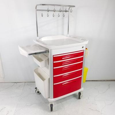 China 5 Medication Drawers Medical Trolley Hospital Iv Cannulation Trolley With Infusion Hooks for sale