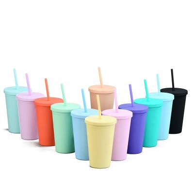 China Fashion minimalist candy border hot sale high quality color frosted double-layer plastic cups with lids and straws for sale