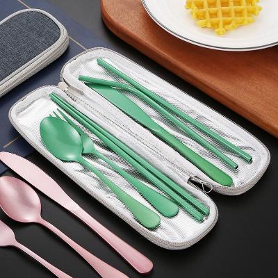 China New Tableware Spoon Fork Knife Set 1010 Sustainable Portable Western Food Stainless Steel Seven Piece Set Outdoor Chopsticks Straw for sale