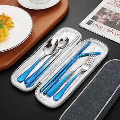 China 2022 viable color stainless steel tableware progressive knife fork and spoon set creative progressive knife and fork 8 p color ice cream spoon straw for sale