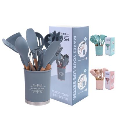 China Viable Stain Silicone Kitchenware with Wooden Handle 13 Piece Stick Non Cooking Silicone Spatula Spoon Shovel Silicone Kitchenware Set for sale