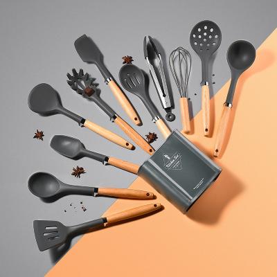 China New Large Sustainable Storage Base With Self-supporting Wooden Handle Silicone Kitchen Care 12 Pieces Wooden Rubber Spatula for sale