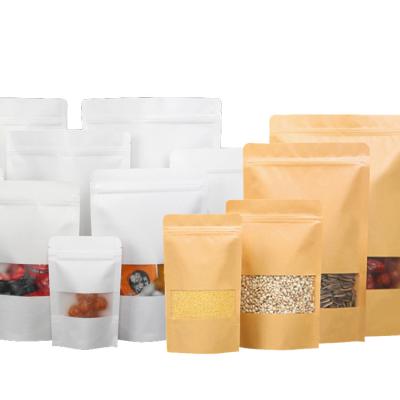 China Recycled Materials Stand Up Brown Kraft Paper Zip Lock Resealable Food Packaging Pouches Heat Seal Bags With Square Window for sale