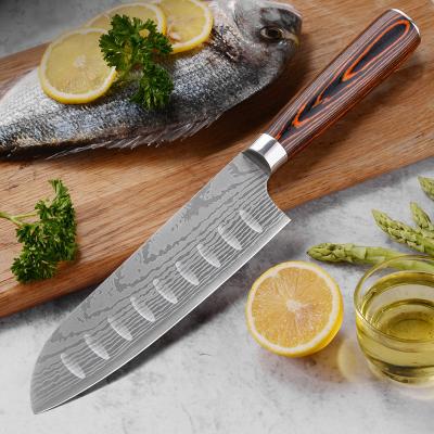 China Newest 4116 Viable German Santoku Knife 7 Inch Vg10 Damascus Steel 8 Angle Solid Wood Handle Knives 7Cr17 for sale