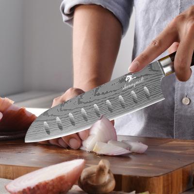 China Viable Wholesale High Carbon 7 Inches Multifunctional Pakka Handle Santoku Knife Sharp Blade Wooden Meat Cutting Slicing Chef Santoku Knife for sale