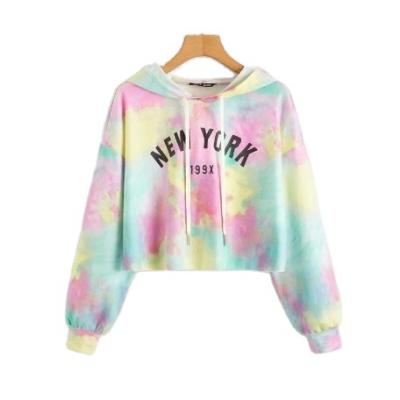 China Breathable New York Print New York Link Dye Happy Graphic Crop Top Drop Shoulder Autumn Spring Hoodies For Women Pullover Sweatshirt for sale