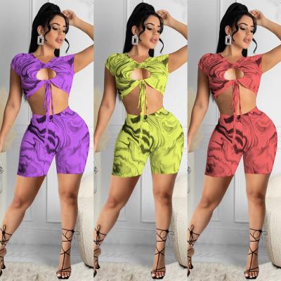 China Anti-wrinkle Women's Two Piece Shorts Sets Tight Summer Casual Tracksuit Women Biker Shorts Set for sale