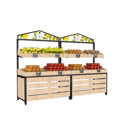 China 2021 new fruit and vegetable store fruit display shelf multi-functional wooden steel double-sided fruit rack vegetable rack for sale