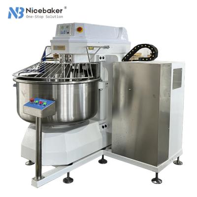 China Snack Factory NICEBAKER Industrial Automatic Stainless Steel Bread Flour Dough Mixer Cylinder Automatic Rotation and Spiral Dough Mixer 100kg for sale