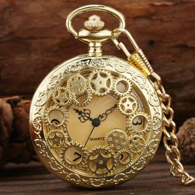 China Antique Vintage Key Chain Pendant Metal Opens Clock Gift Steampunk Hollow Gear Hollow Quartz Chain Pocket Watches for sale